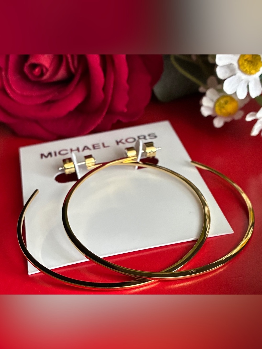 Michael Kors Shiny Gold Hoop Earrings with Crystal Stud - Picture 6 of 8